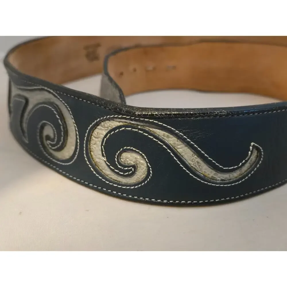 Tony Lama Belt Mens Tooled Leather Blue Gray Size 36 60607 with matching buckle